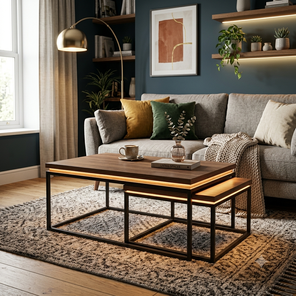 Nesting coffee tables for small living room space, a compact stacking furniture system where two interlocking tables can be separated for side service or nested to save nearly half the standard footprint when entertaining is not required